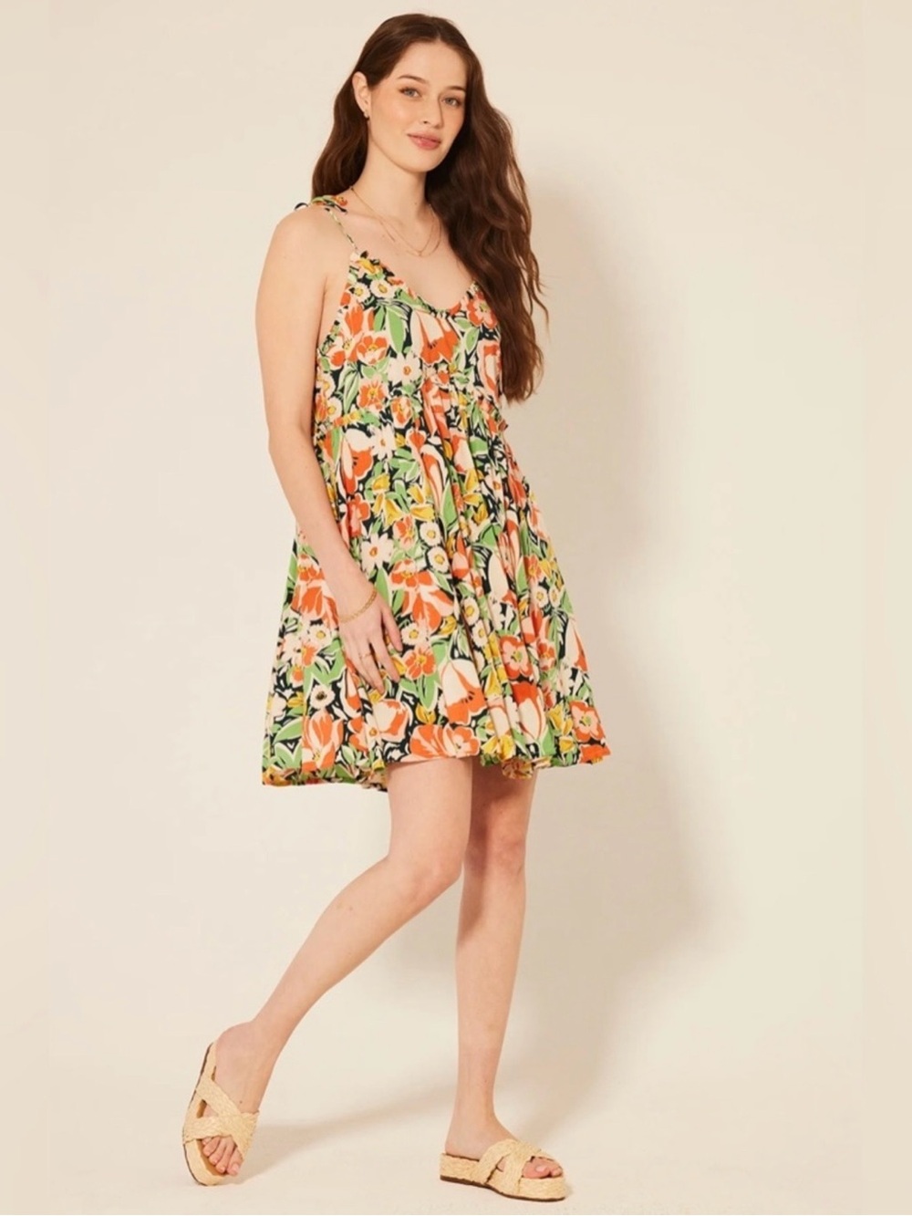 Women’s Patrons Of Peace Malibu Mini Sun Dress Rayon Floral Orange Green, Large